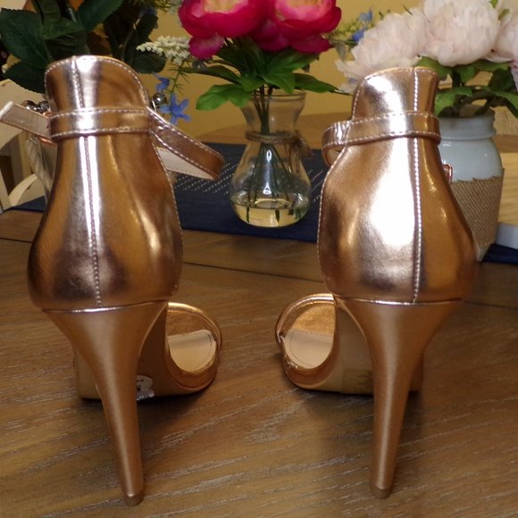 Primark Metallic Rose Gold Copper Minimalist Ankle Strap Leather Heels - Used - Picture 4 of 7
